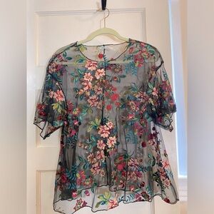 Urban Outfitters Kimchi Blue brand Embroidered Floral Mesh Top Size Small